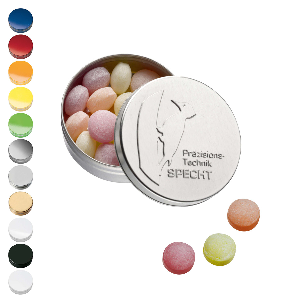 XS Prägedose aus Weißblech mit Fruchtbonbons oder Pulmoll, 16 g