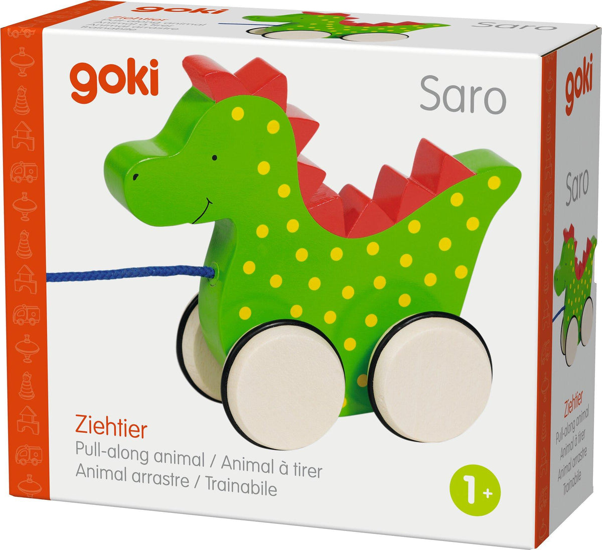 Ziehtier Drache Saro mit gelben Punkten und roten Zacken – Detailansicht
