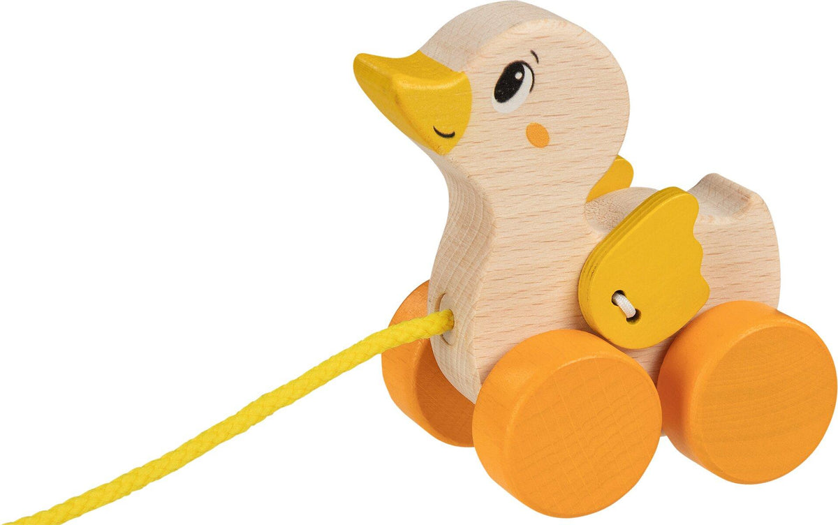 Ziehtier Ente mit orangefarbenen Rädern und gelber Schnur