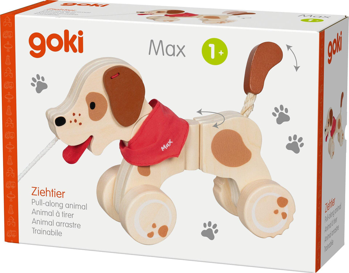 Ziehtier Hund Max mit rotem Halstuch von goki – Seitenansicht