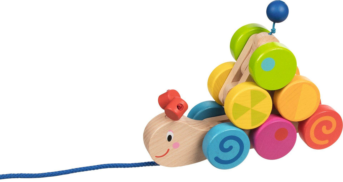 Ziehtier Raupe mit bunten Rädern in Regenbogenfarben – Detailansicht