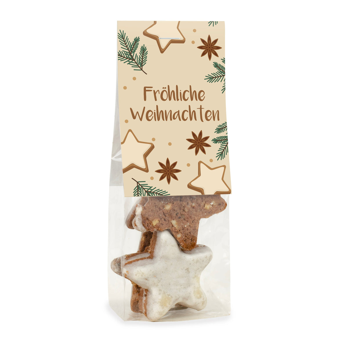 Zimtsterne im Tütchen 45 g zu Weihnachten mit Logo – Beispielmotiv