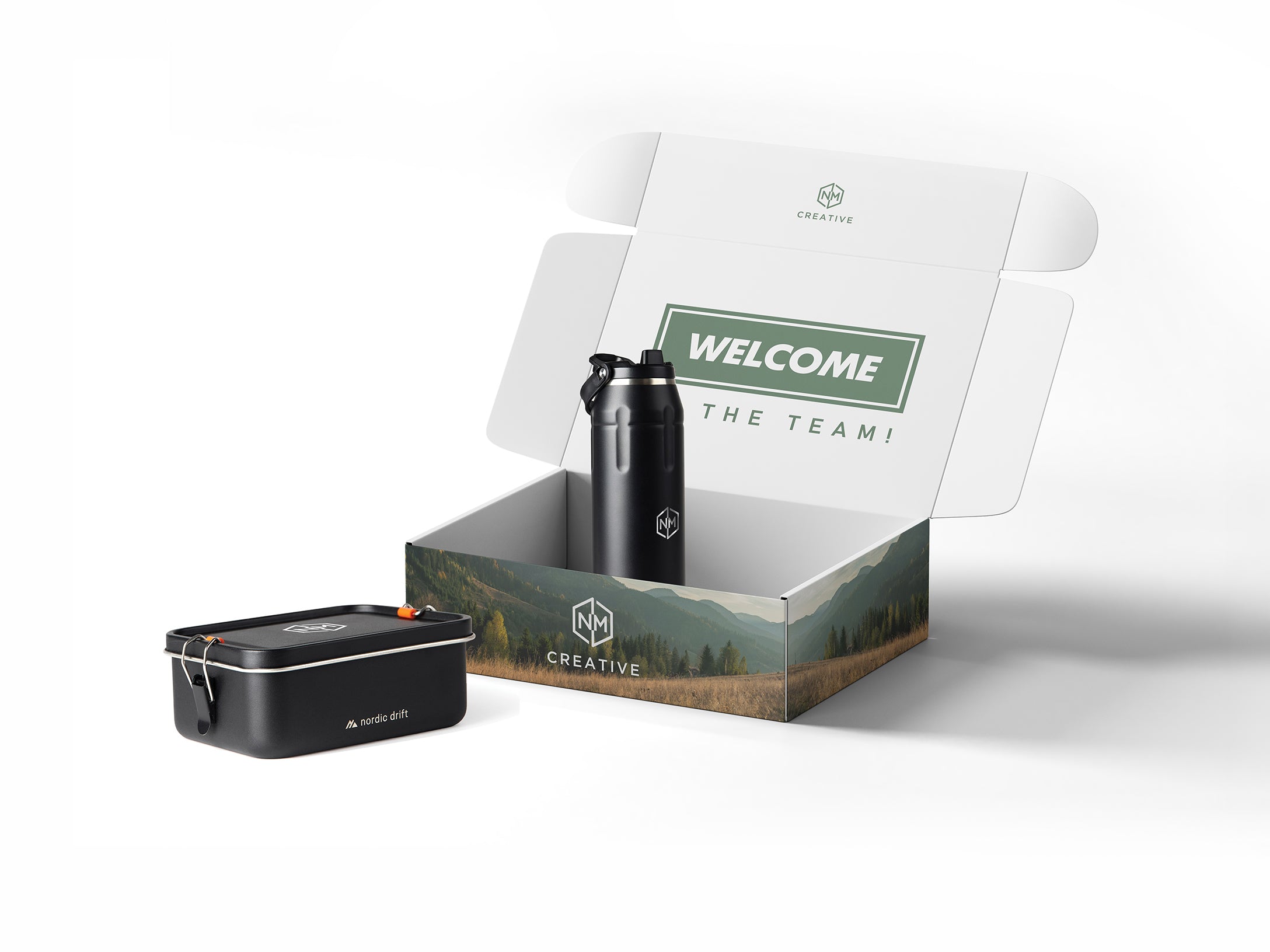 Fertige Geschenkbox mit bedrucktem Deckel, Karte und Produkten